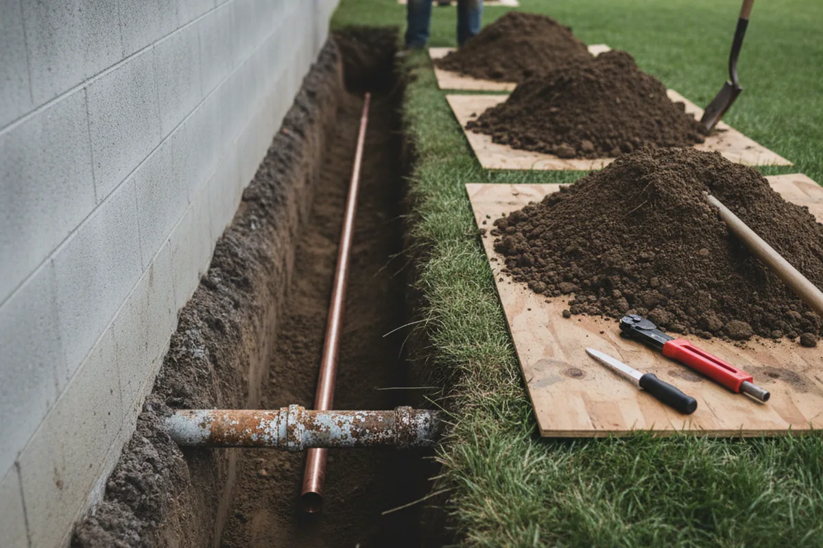 Excavated water line trench during Sewer Line Repair in Sheldon